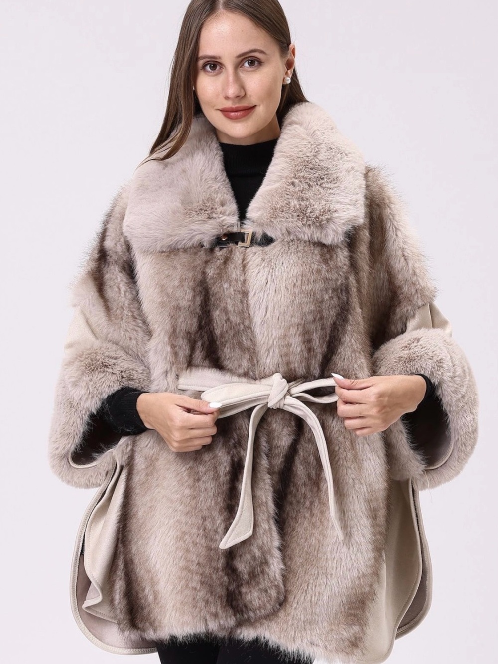 Taupe Faux Fur Belted Cape Coat for Women